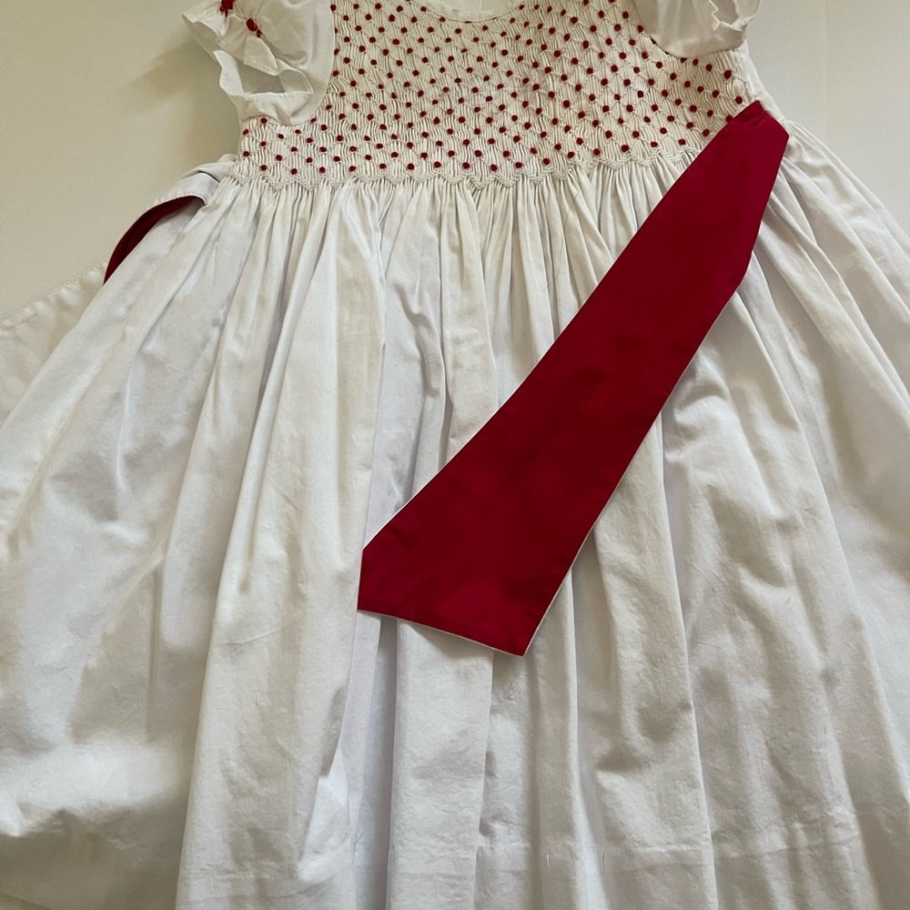 Classic White Smocked Girls' Formal Dress with Red Accents